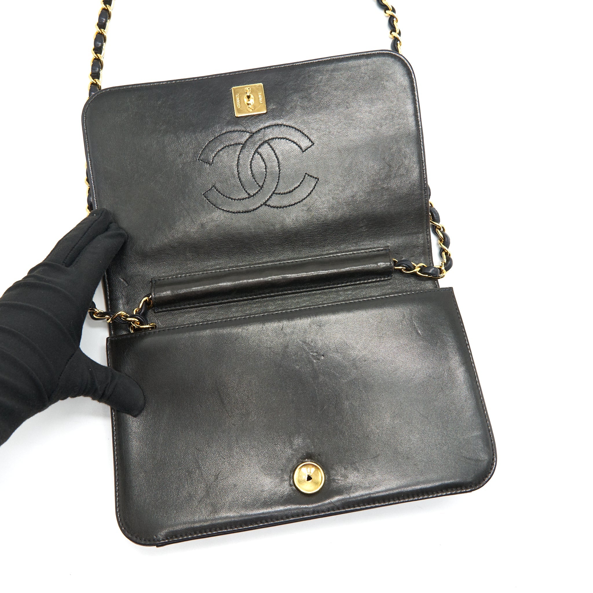 CHANEL VINTAGE LAMBSKIN FLAP BAG WITH CHAIN BLACK 24K GHW