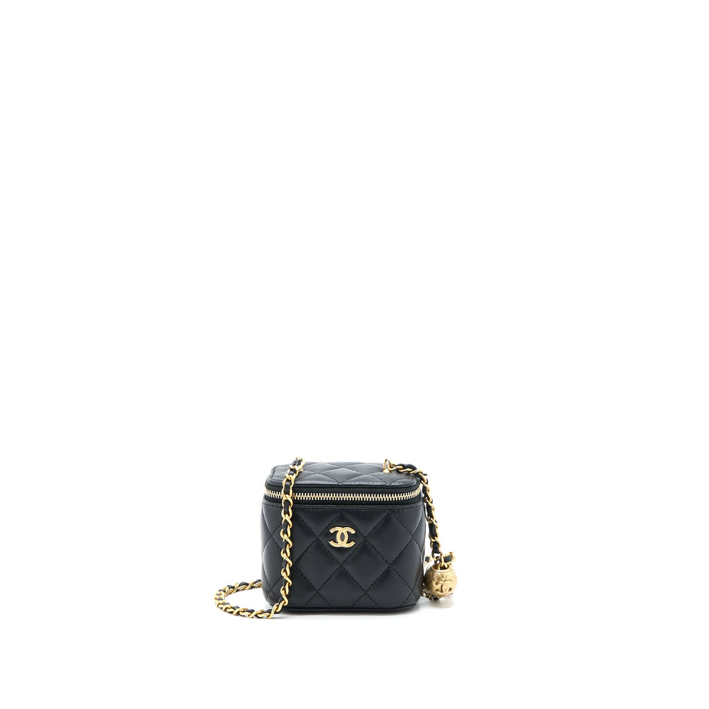 CHANEL PEARL CRUSH MINI VANITY WITH CHAIN LAMBSKIN BLACK GHW (MICROCHIP)