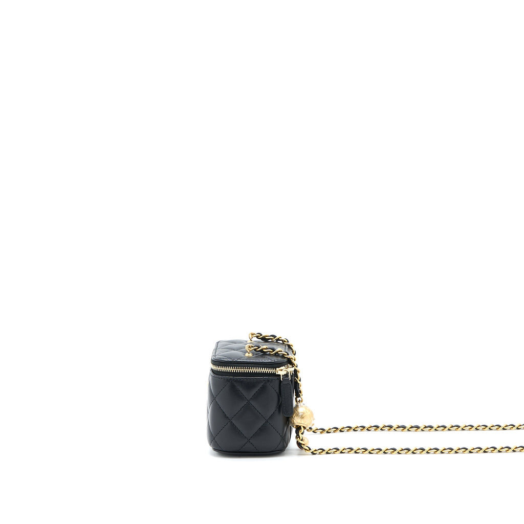 CHANEL PEARL CRUSH MINI VANITY WITH CHAIN LAMBSKIN BLACK GHW (MICROCHIP)