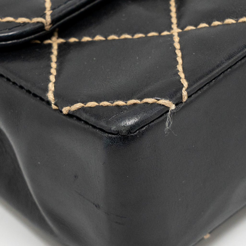CHANEL VINTAGE QUILTED FLAP BAG LAMBSKIN BLACK WITH WHITE STITCHING GHW
