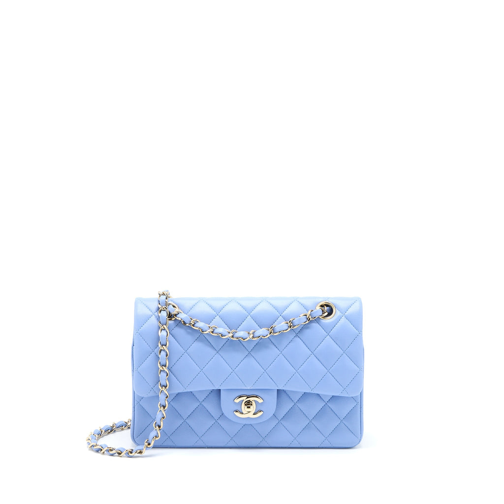 CHANEL SMALL CLASSIC DOUBLE FLAP BAG LAMBSKIN BLUE LGHW