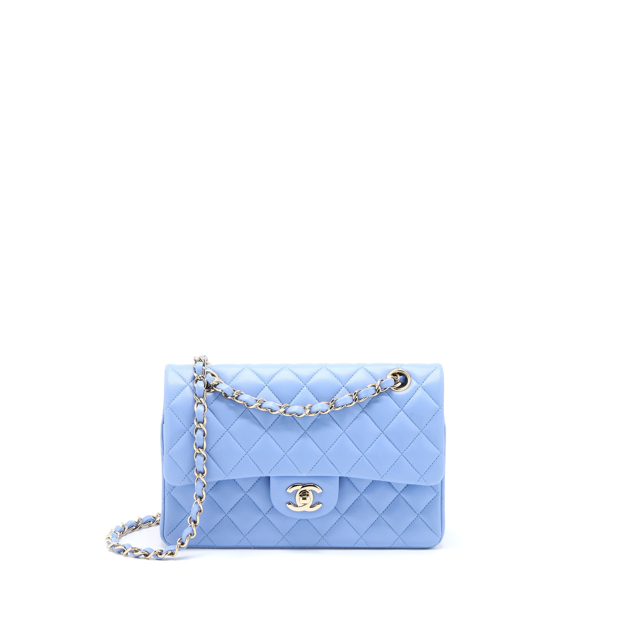 CHANEL SMALL CLASSIC DOUBLE FLAP BAG LAMBSKIN BLUE LGHW