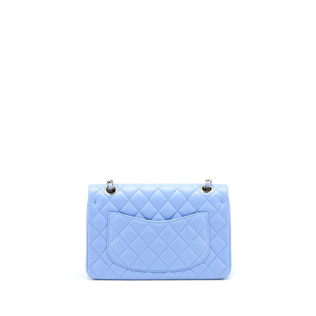 CHANEL SMALL CLASSIC DOUBLE FLAP BAG LAMBSKIN BLUE LGHW