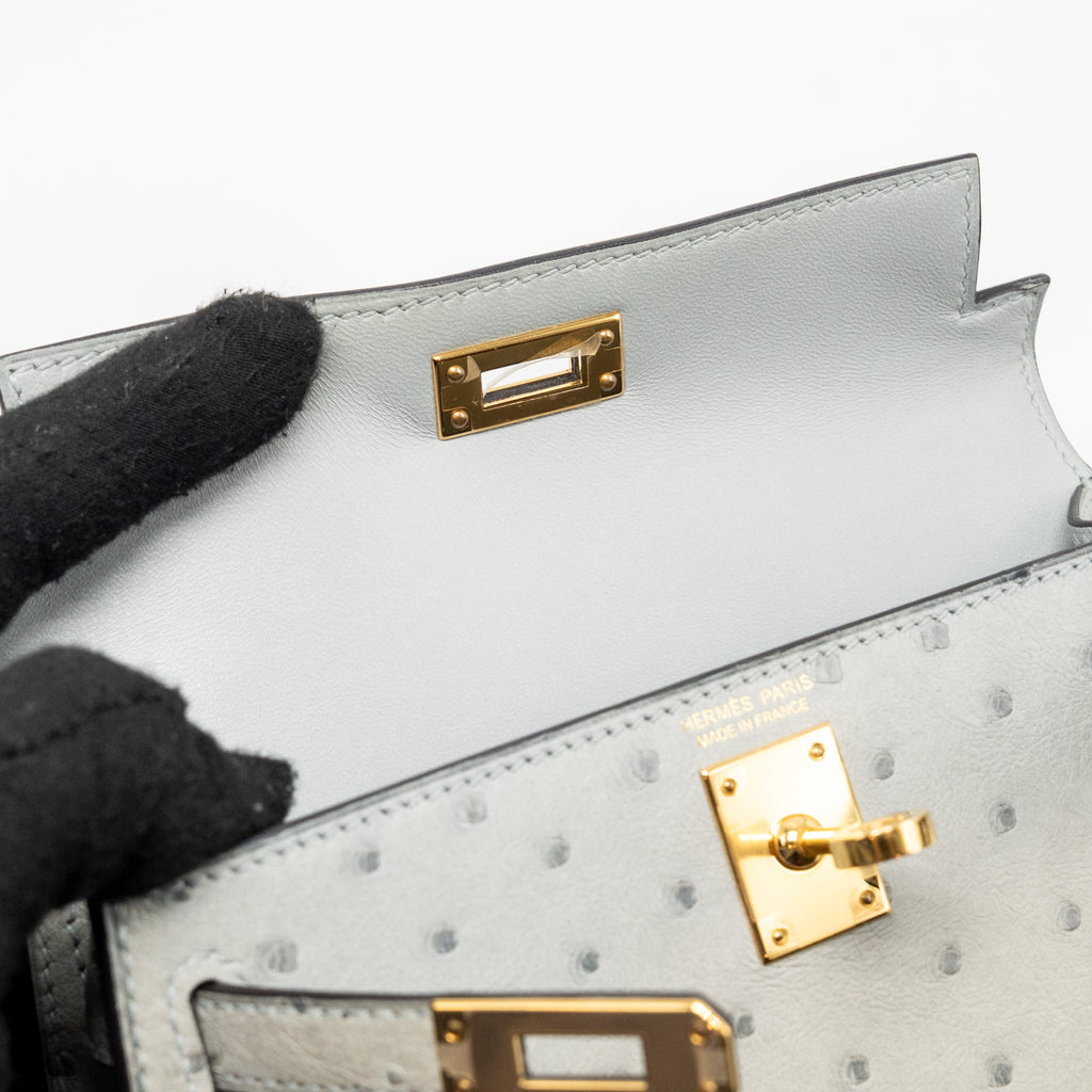 HERMES MINI KELLY II OSTRICH BLUE GLAZIER GHW