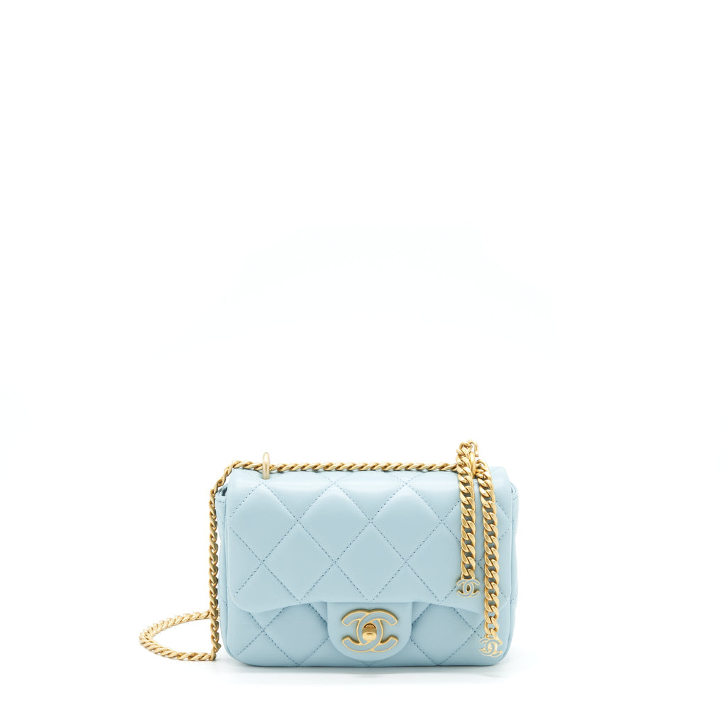CHANEL 22P SEASONAL MINI SQUARE FLAP BAG LAMBSKIN LIGHT BLUE GHW