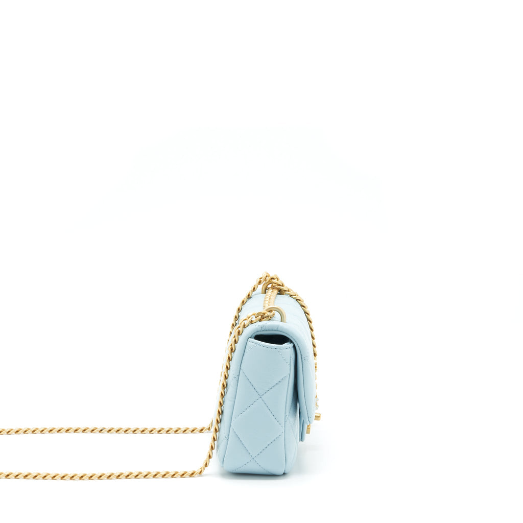 CHANEL 22P SEASONAL MINI SQUARE FLAP BAG LAMBSKIN LIGHT BLUE GHW