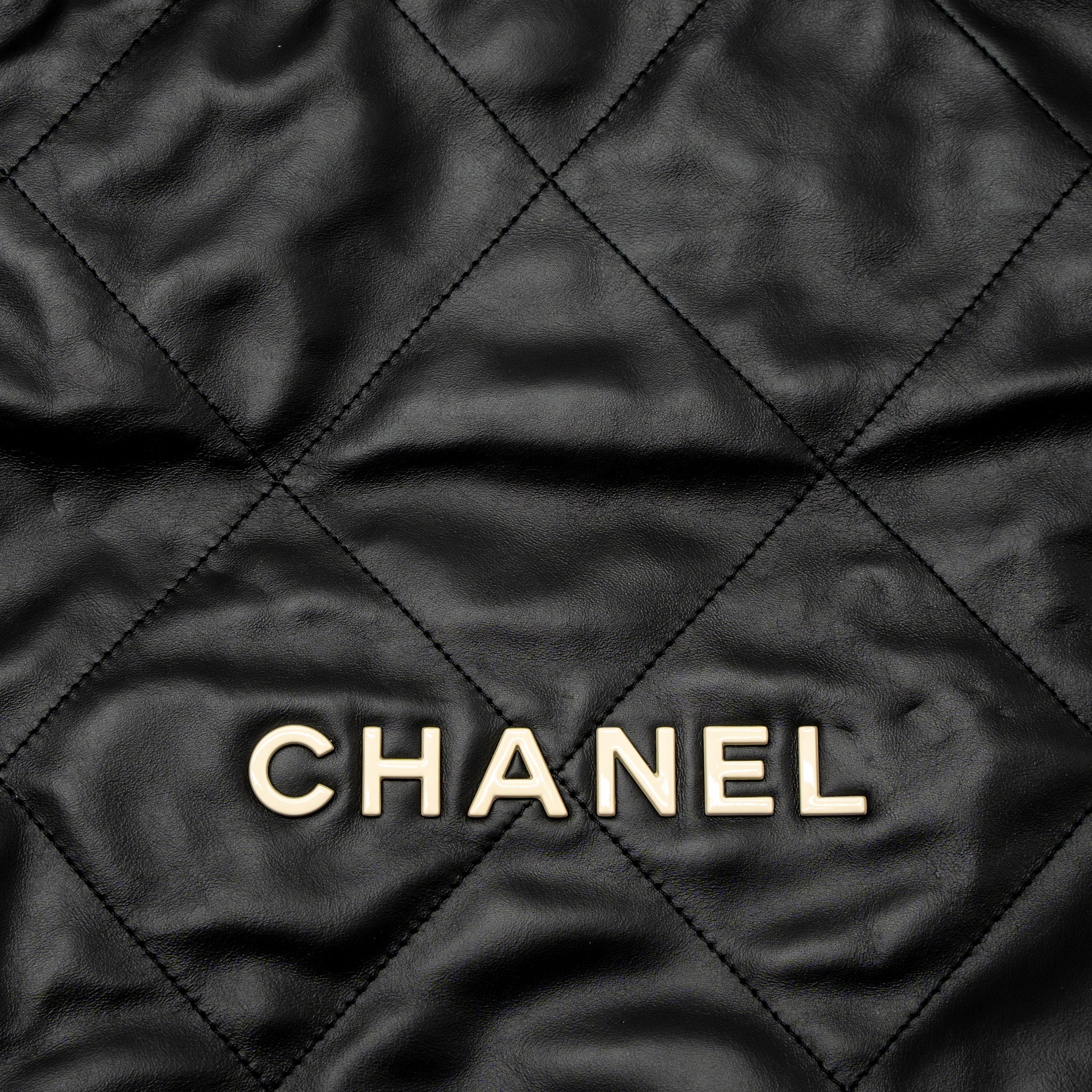CHANEL SMALL 22 BAG WHITE LETTER SHINY CALFSKIN BLACK BRUSHED GHW (MICROCHIP)