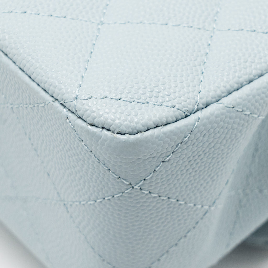 CHANEL MEDIUM CLASSIC DOUBLE FLAP BAG CAVIAR LIGHT BLUE LGHW (MICROCHIP)