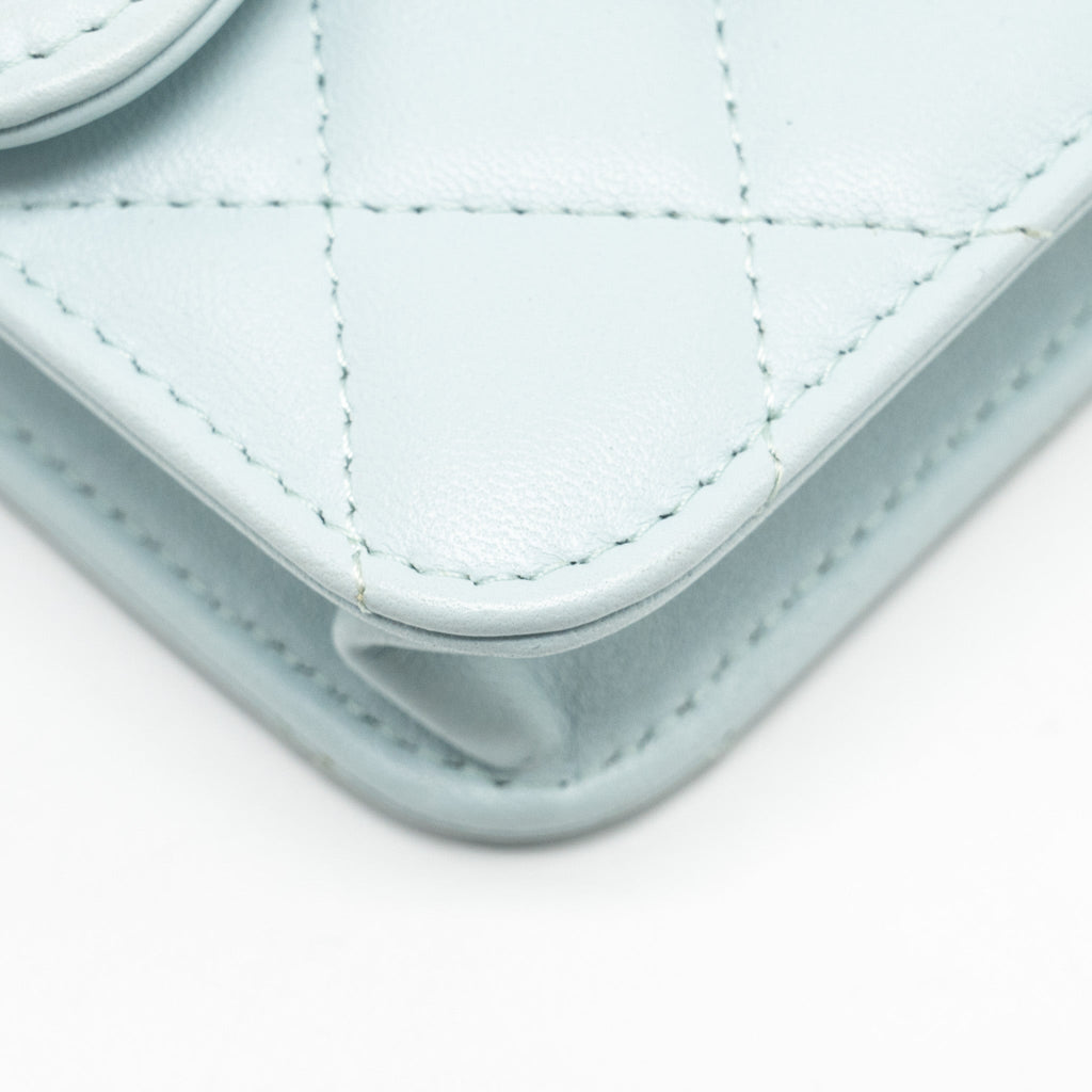 CHANEL TOP HANDLE MINI FLAP BAG WITH CHAIN LAMBSKIN LIGHT BLUE LGHW