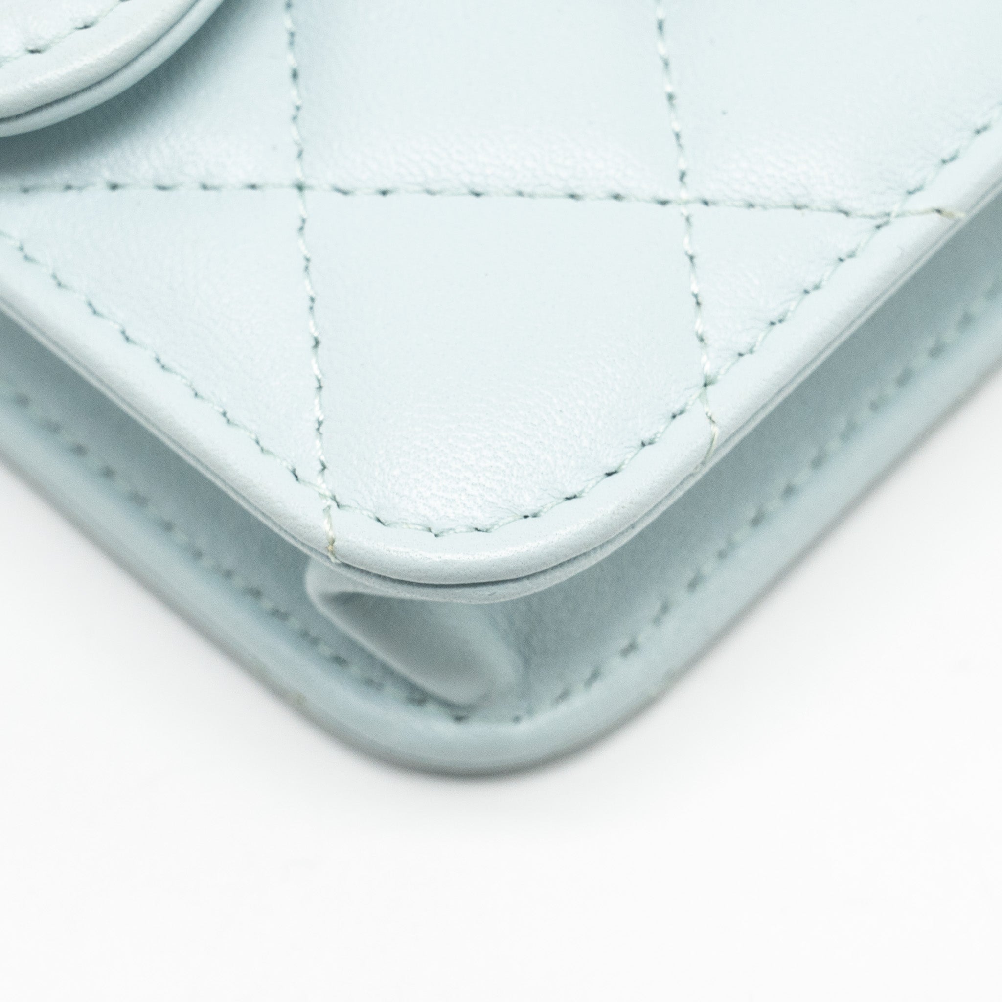 CHANEL TOP HANDLE MINI FLAP BAG WITH CHAIN LAMBSKIN LIGHT BLUE LGHW