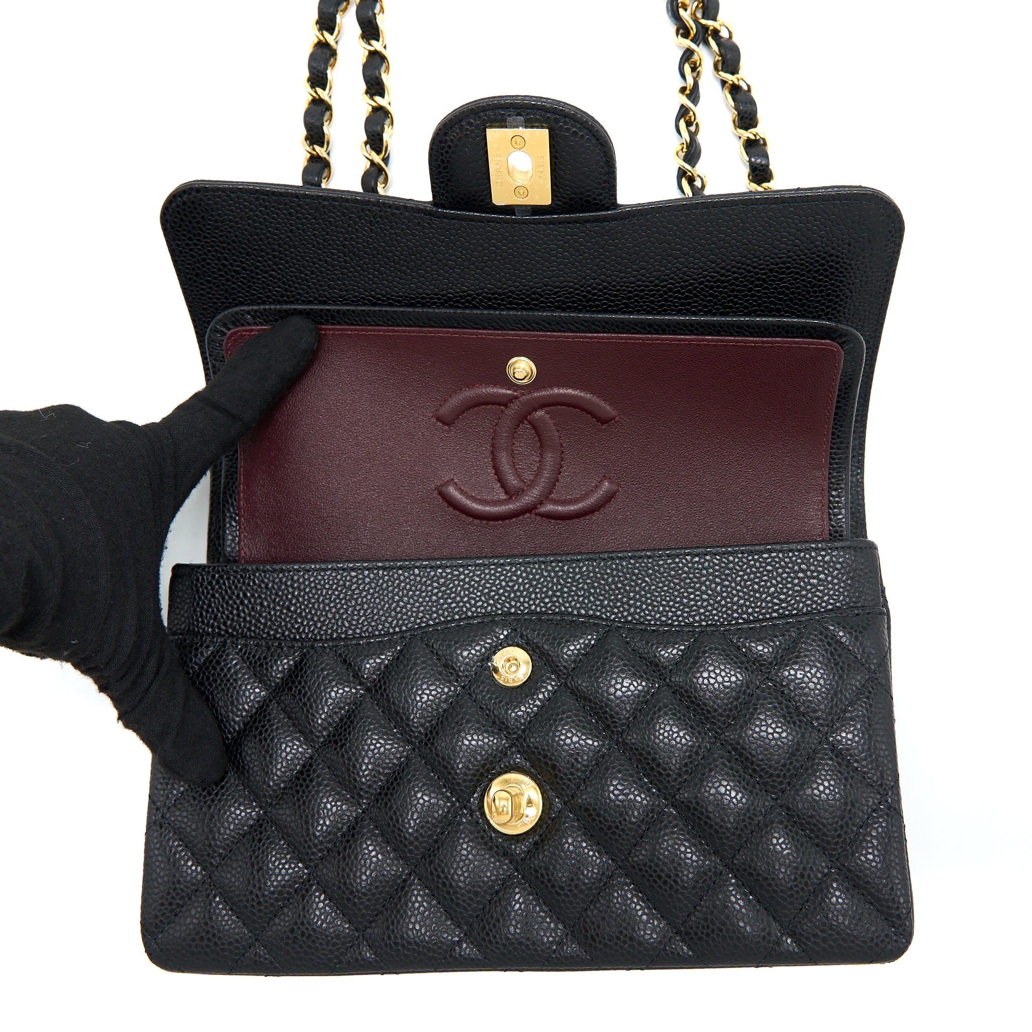 CHANEL SMALL CLASSIC DOUBLE FLAP BAG CAVIAR BLACK GHW (MICROCHIP)