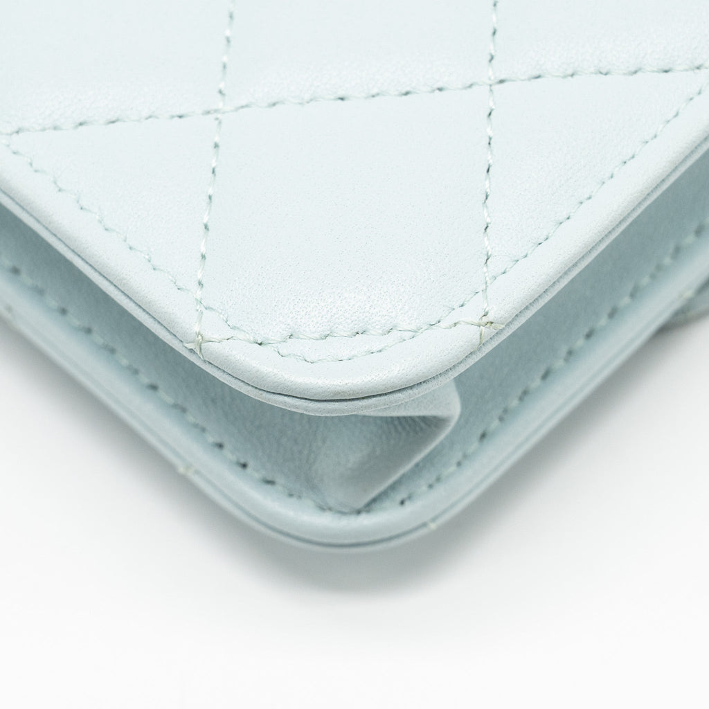 CHANEL TOP HANDLE MINI FLAP BAG WITH CHAIN LAMBSKIN LIGHT BLUE LGHW