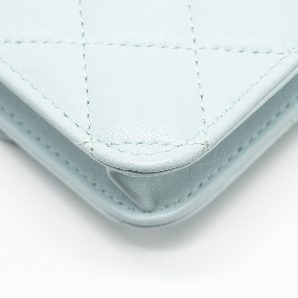 CHANEL TOP HANDLE MINI FLAP BAG WITH CHAIN LAMBSKIN LIGHT BLUE LGHW