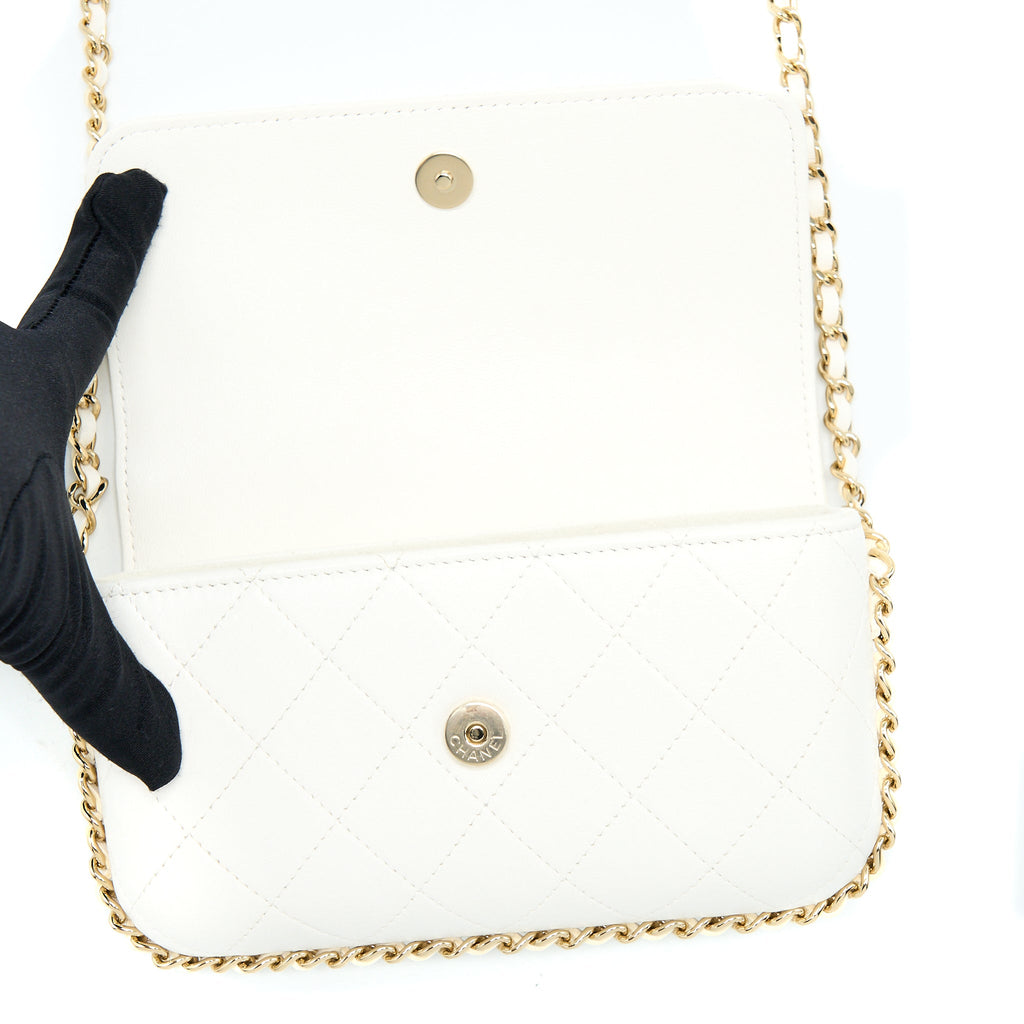 CHANEL RECTANGULAR MINI FLAP PHONE CASE BAG QUILTED LAMBSKIN WHITE LGHW (MICROCHIP)