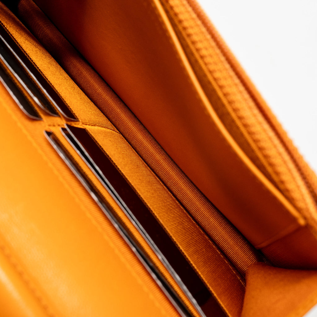 CHANEL BOY WALLET ON CHAIN LAMBSKIN ORANGE RUTHENIUM SILVER HARDWARE