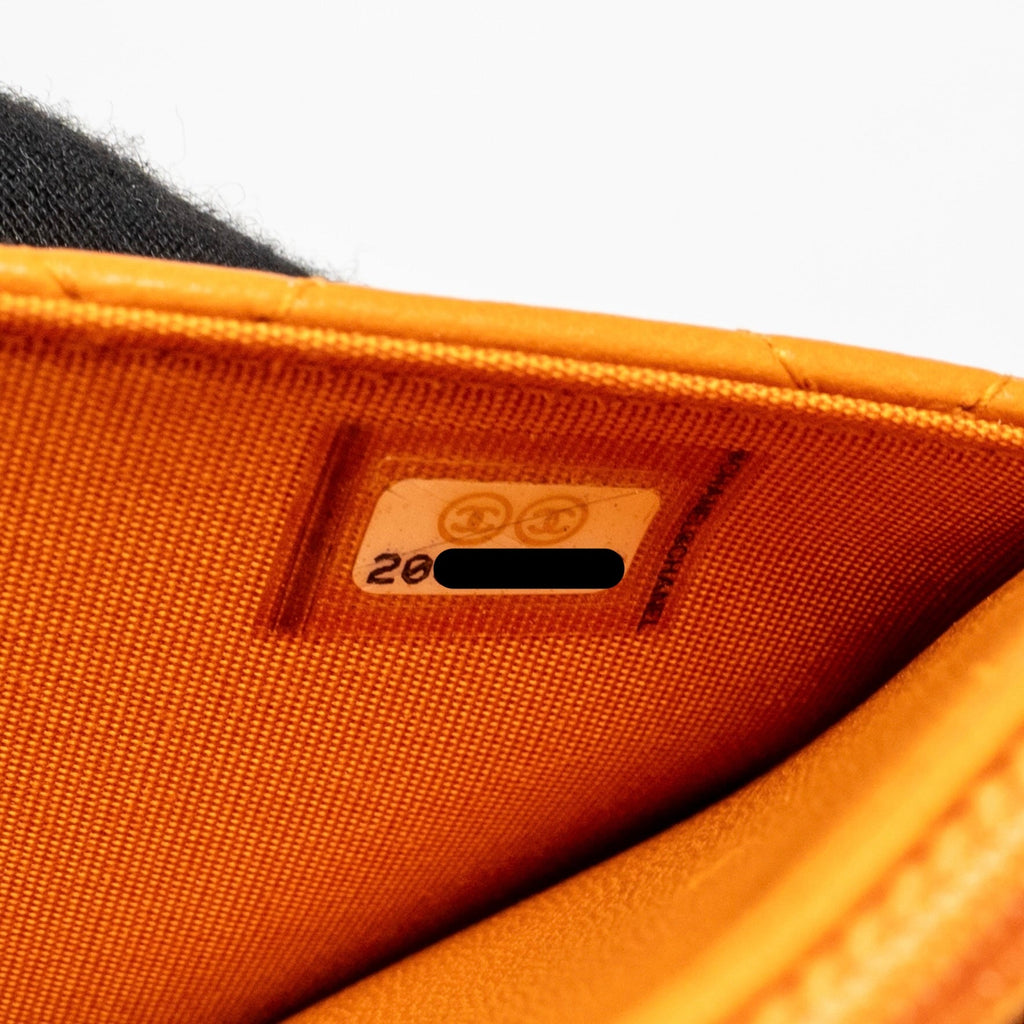 CHANEL BOY WALLET ON CHAIN LAMBSKIN ORANGE RUTHENIUM SILVER HARDWARE