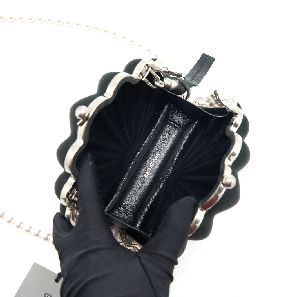 BALENCIAGA SATIN BEADS SHELL CLUTCH BLACK SHW