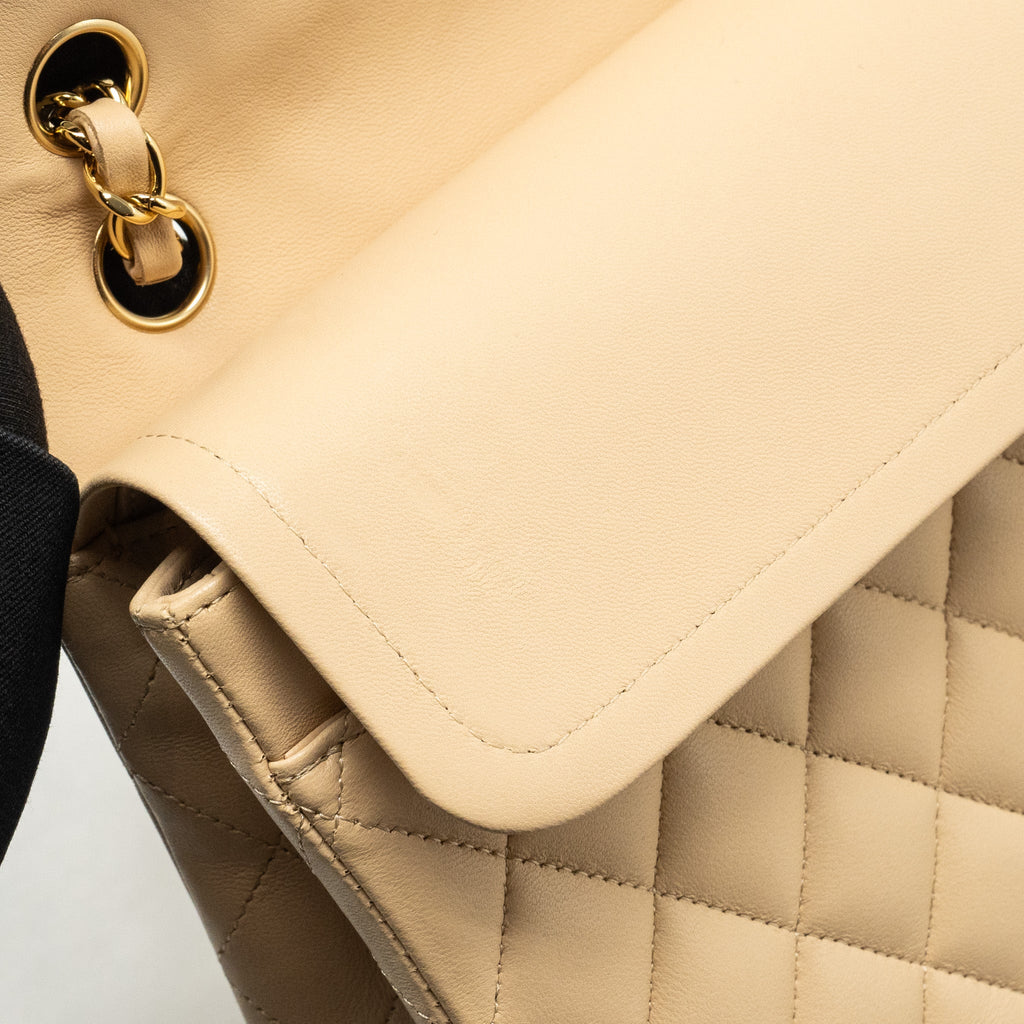 CHANEL MEDIUM CLASSIC DOUBLE FLAT BAG LAMBSKIN BEIGE GHW