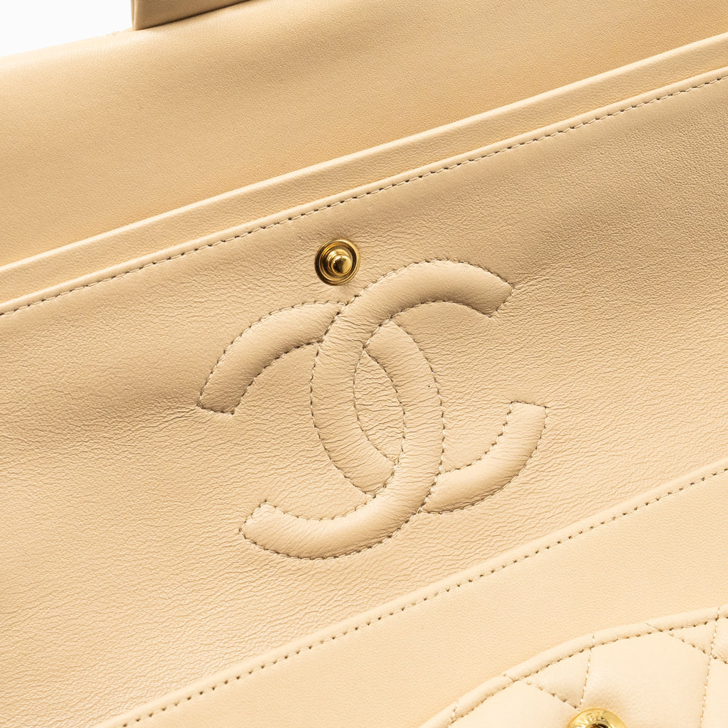 CHANEL MEDIUM CLASSIC DOUBLE FLAT BAG LAMBSKIN BEIGE GHW
