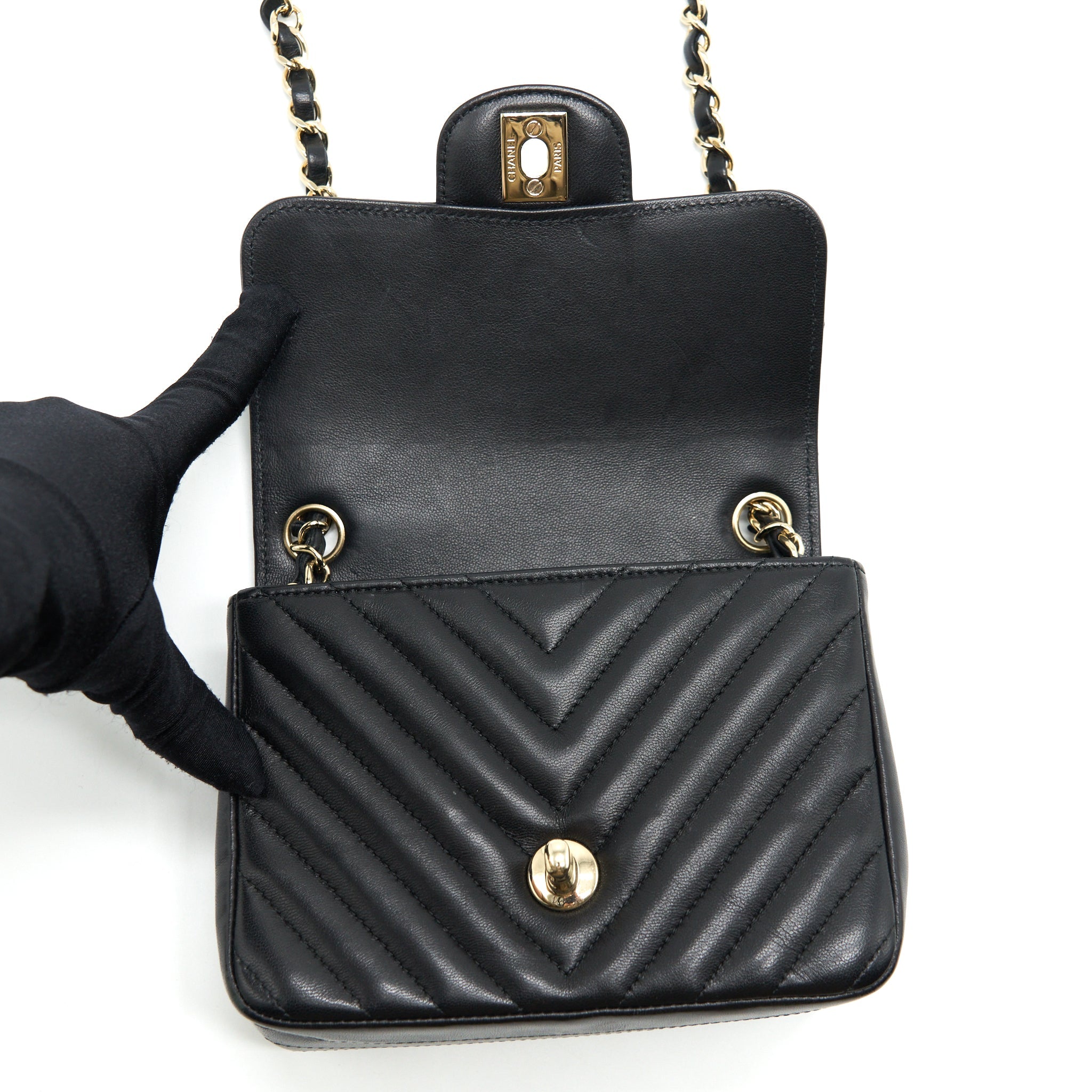 CHANEL MINI SQUARE CHEVRON FLAP BAG BLACK LGHW