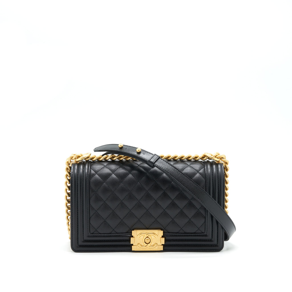 CHANEL MEDIUM BOY BAG CAVIAR BLACK WITH BRUSHED GHW (MICROCHIP)