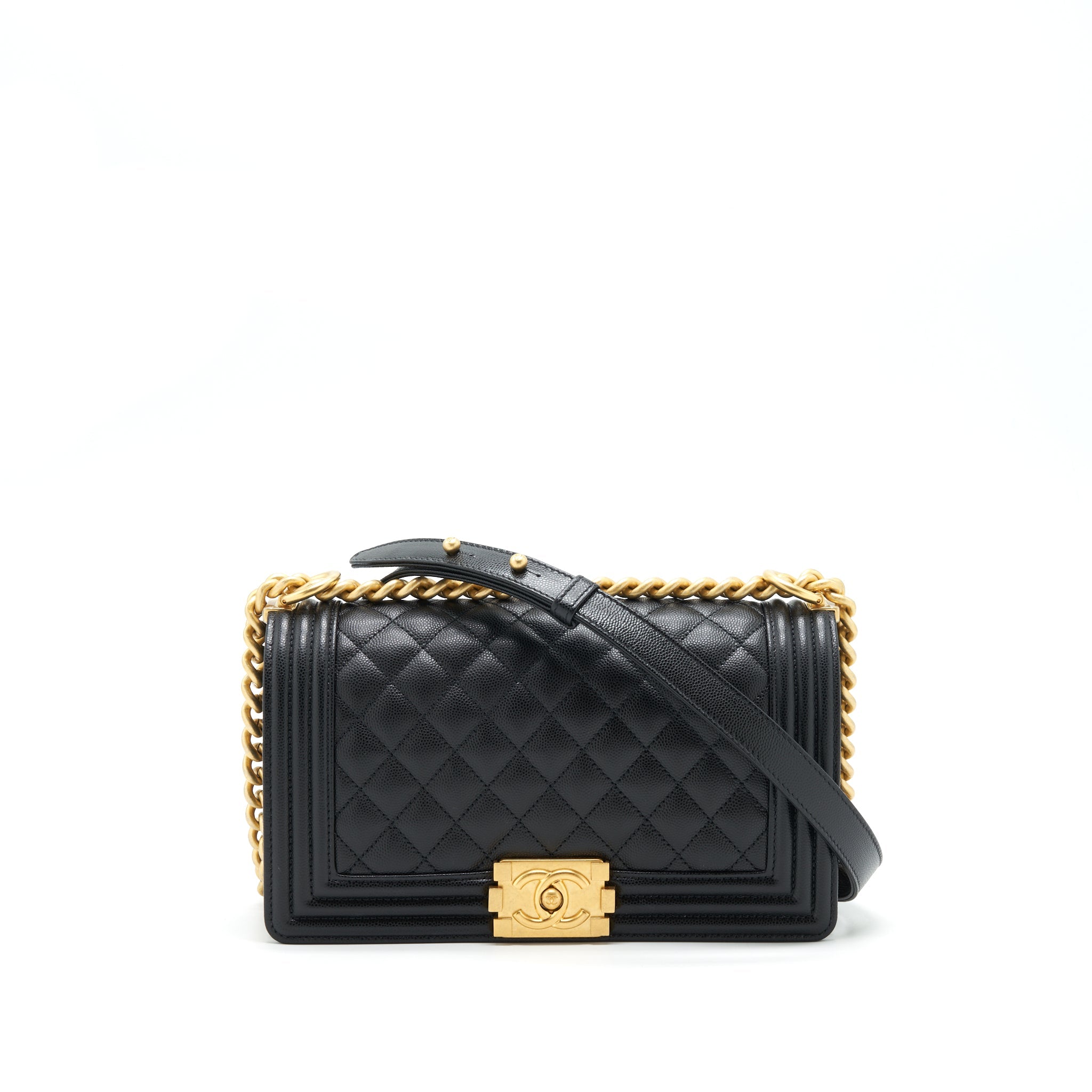 CHANEL MEDIUM BOY BAG CAVIAR BLACK WITH BRUSHED GHW (MICROCHIP)
