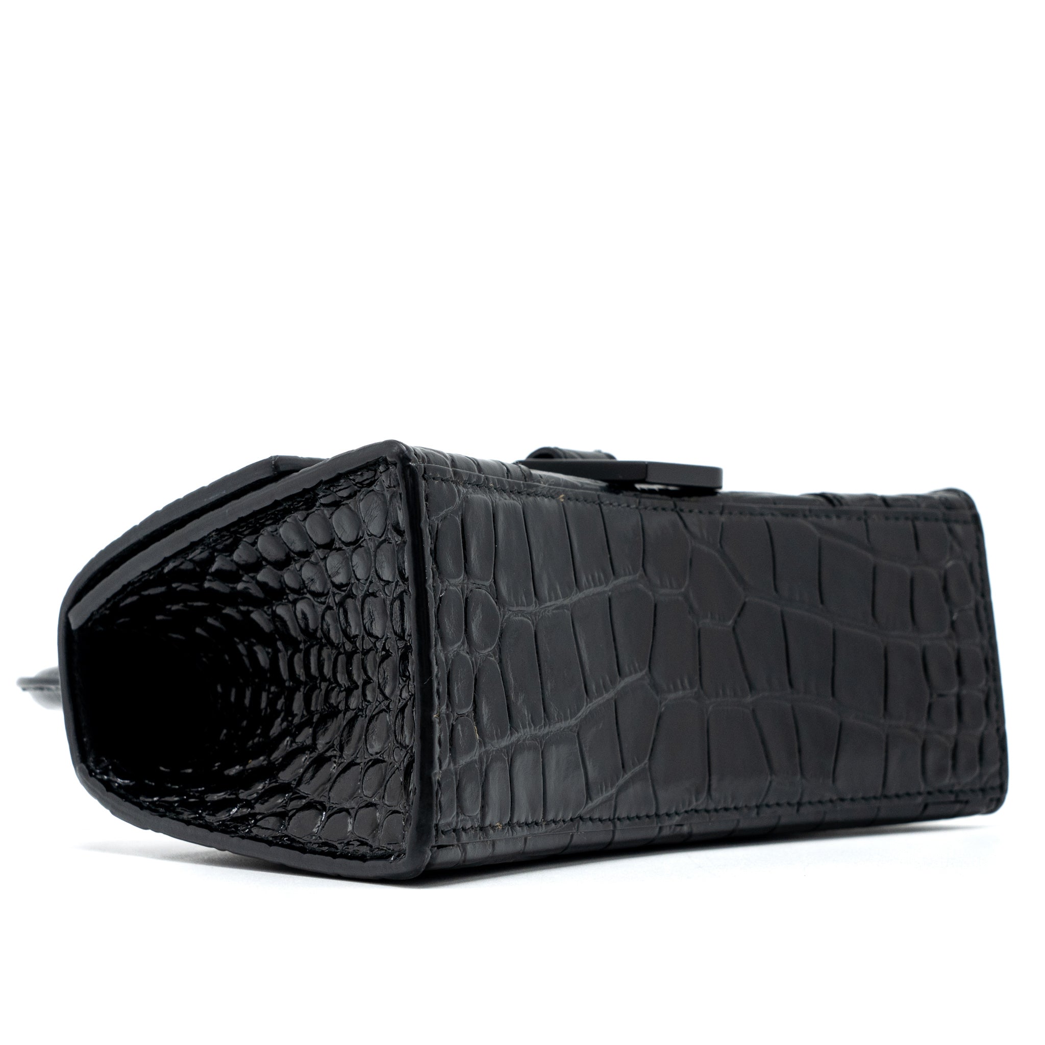 BALENCIAGA HOURGLASS XS CROC-EMBOSSED CALFSKIN SO BLACK