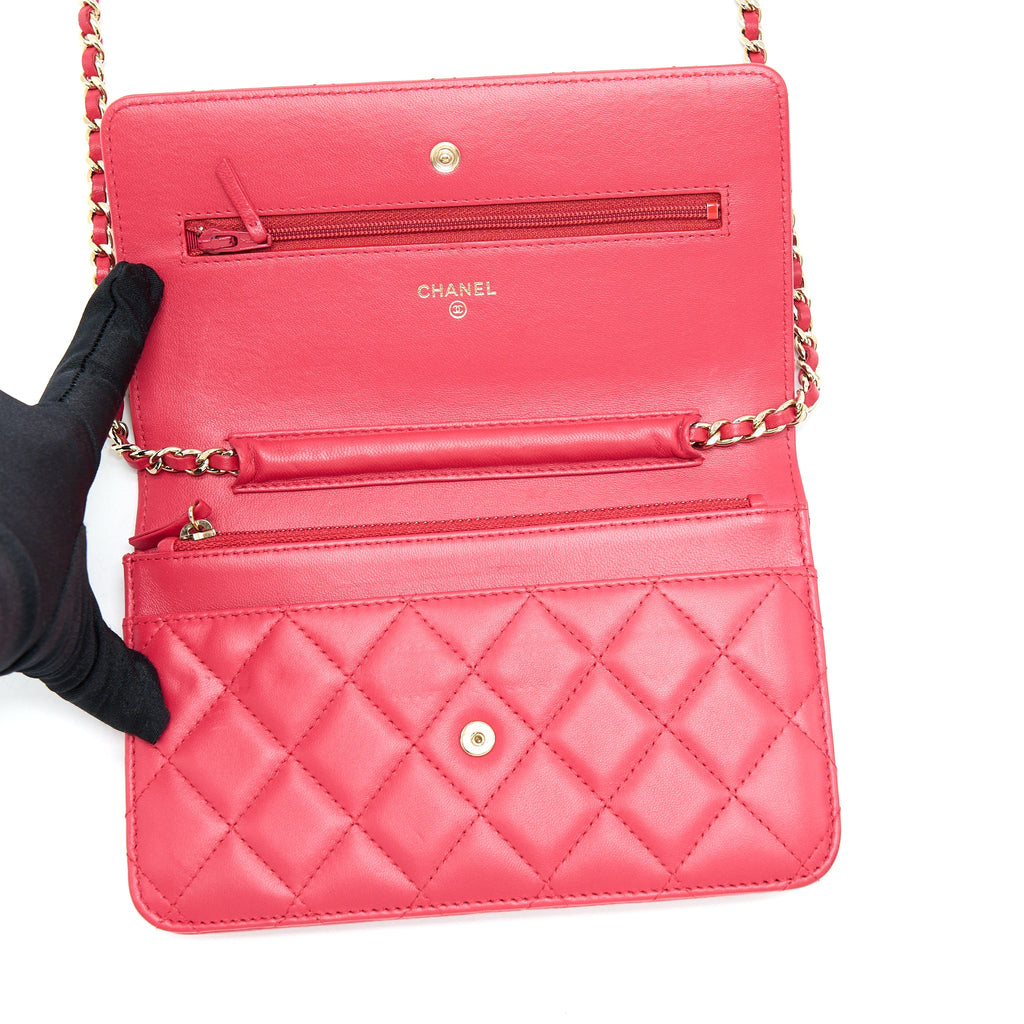 CHANEL CLASSIC WALLET ON CHAIN LAMBSKIN RED GHW