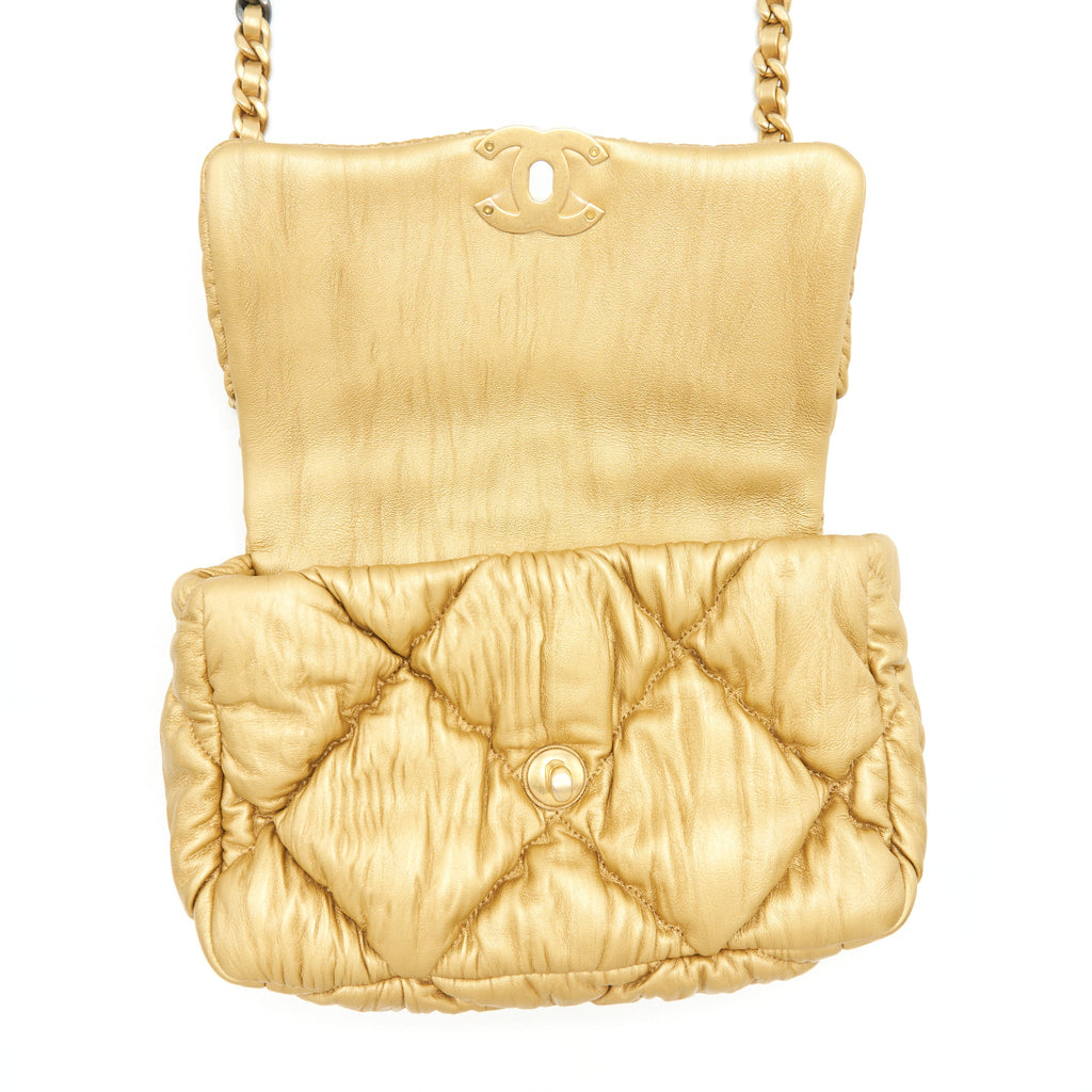 CHANEL SMALL 19 BAG LIMITED EDITION LAMBSKIN GOLD WITH GOLD/SILVER HARDWARE(MICROCHIP)