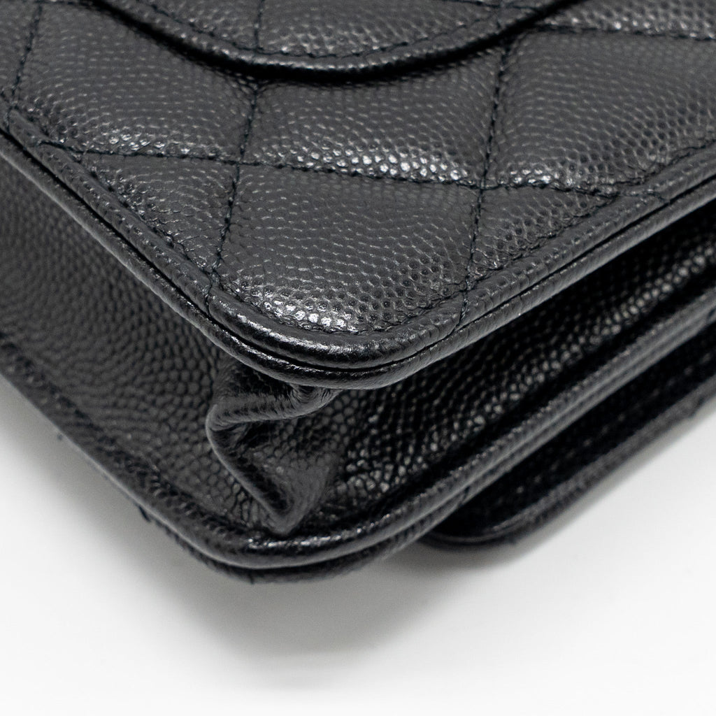 CHANEL CC LOGO QUILTED WALLET ON CHAIN CAVIAR BLACK LGHW (MICROCHIP)