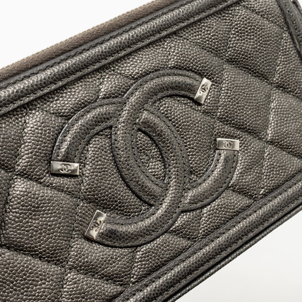 CHANEL CC FILIGREE DOUBLE ZIP CLUTCH WITH CHAIN CAVIAR GREY SHW