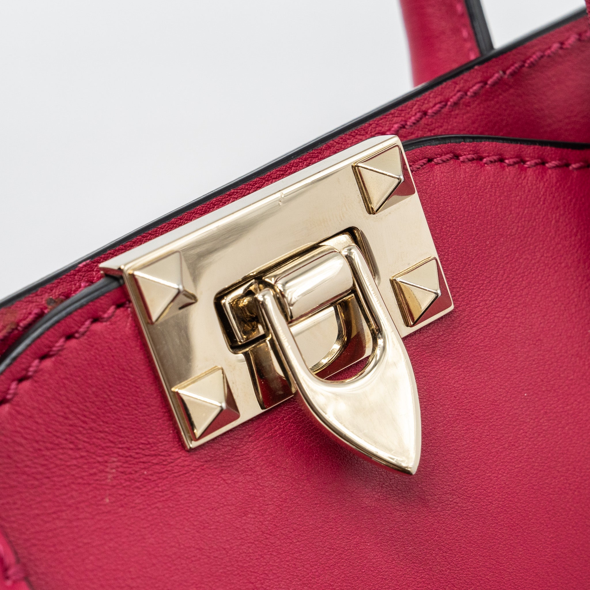 VALENTINO MEDIUM ROCKSTUD DOUBLE HANDLE TOP BAG CALFSKIN PINK LGHW