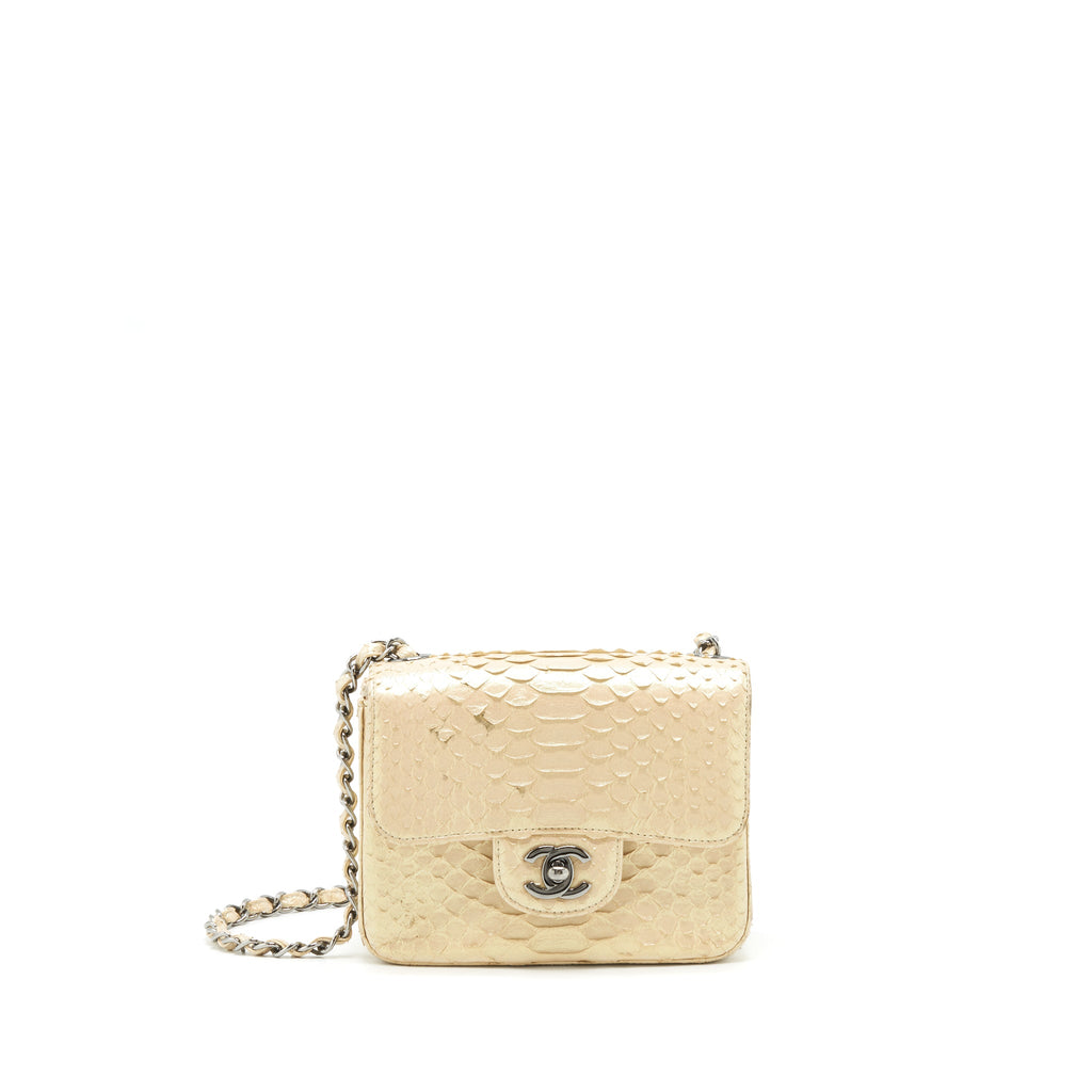 CHANEL MINI SQUARE FLAP BAG PYTHON IRIDESCENT LIGHT BEIGE SHW