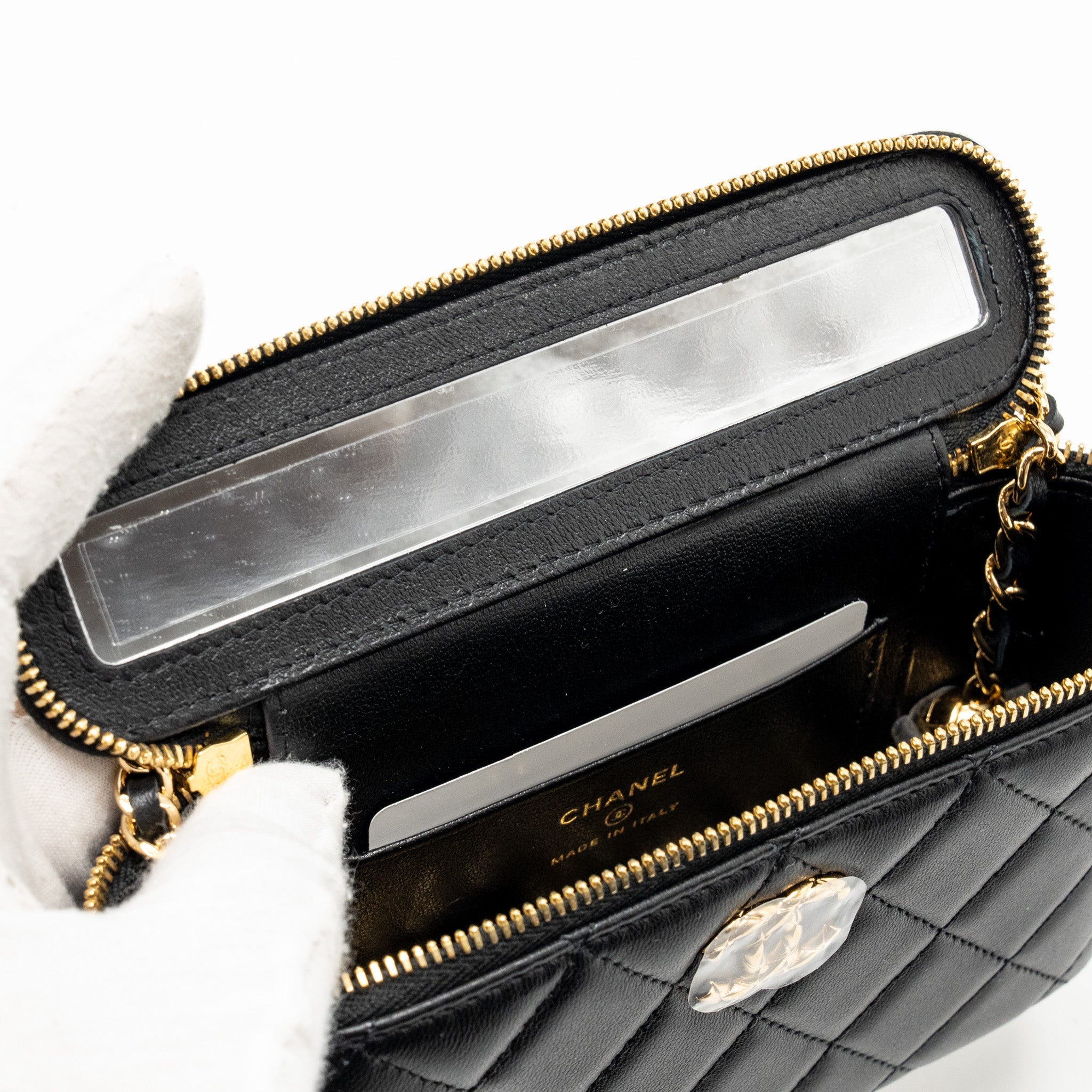 CHANEL SMALL VANITY CLUTCH WITH DETAIL CHAIN CAVIAR BLACK GHW (MICROCHIP)