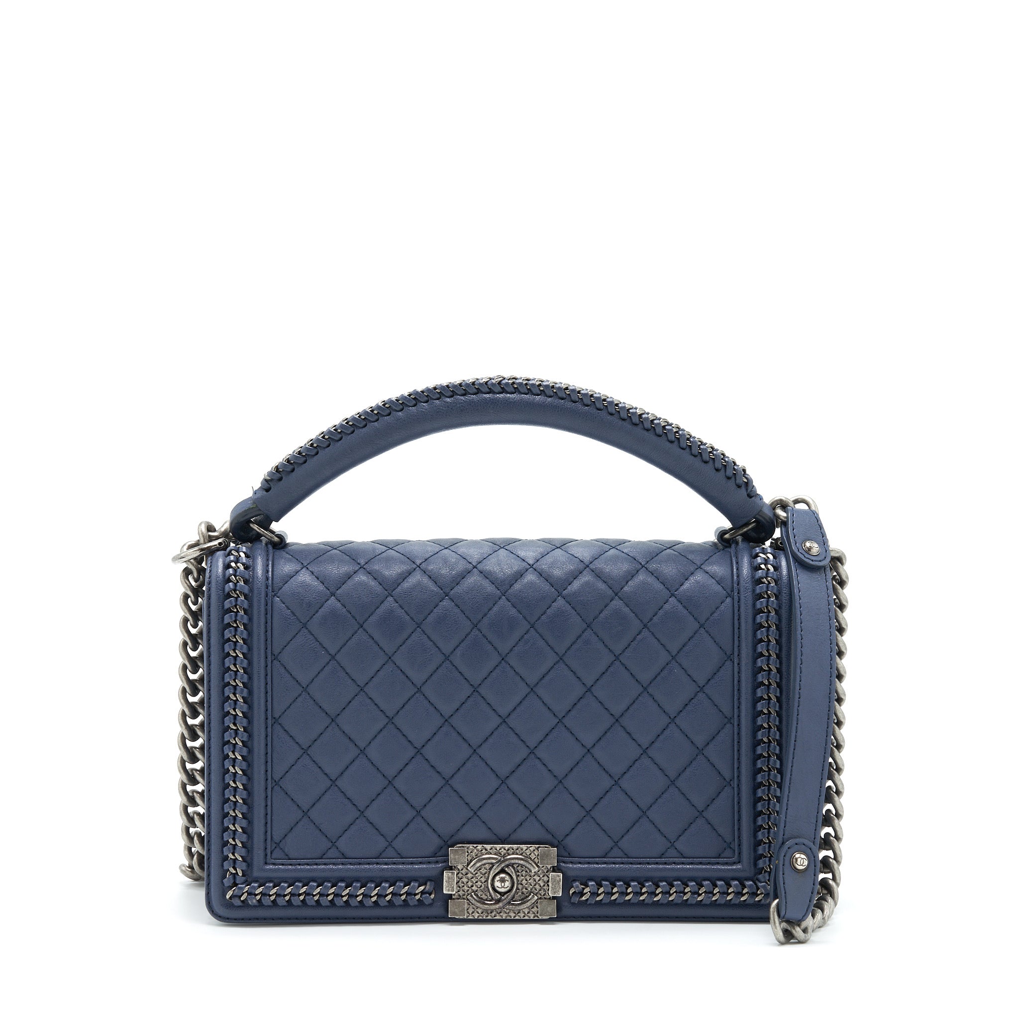 CHANEL BOY BAG WITH TOP HANDLE NAVY RUTHENIUM SLIVER HARDWARE