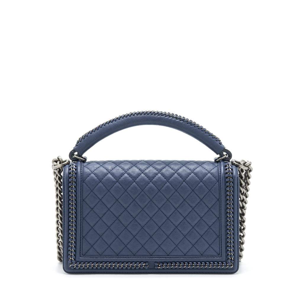CHANEL BOY BAG WITH TOP HANDLE NAVY RUTHENIUM SLIVER HARDWARE