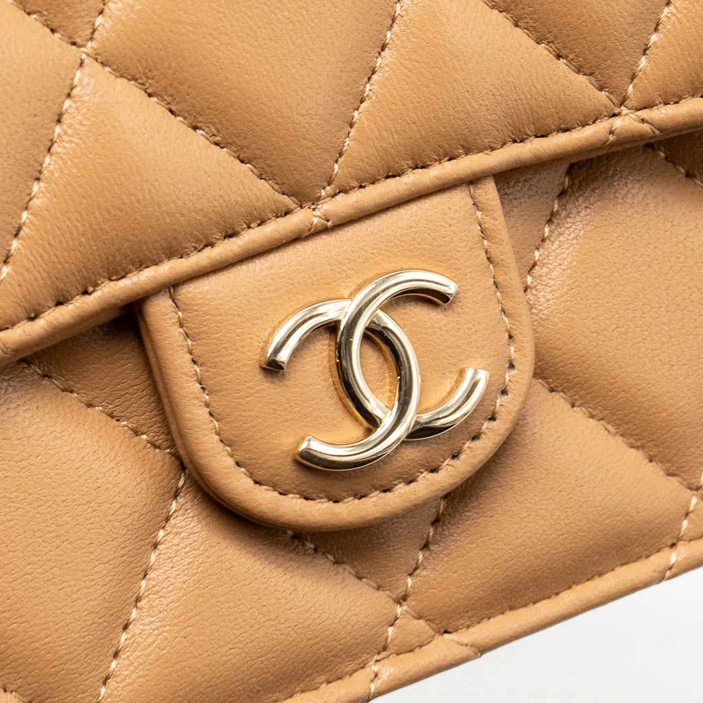 CHANEL TOP HANDLE MINI FLAP BAG WITH CHAIN LAMBSKIN CARAMEL LGHW
