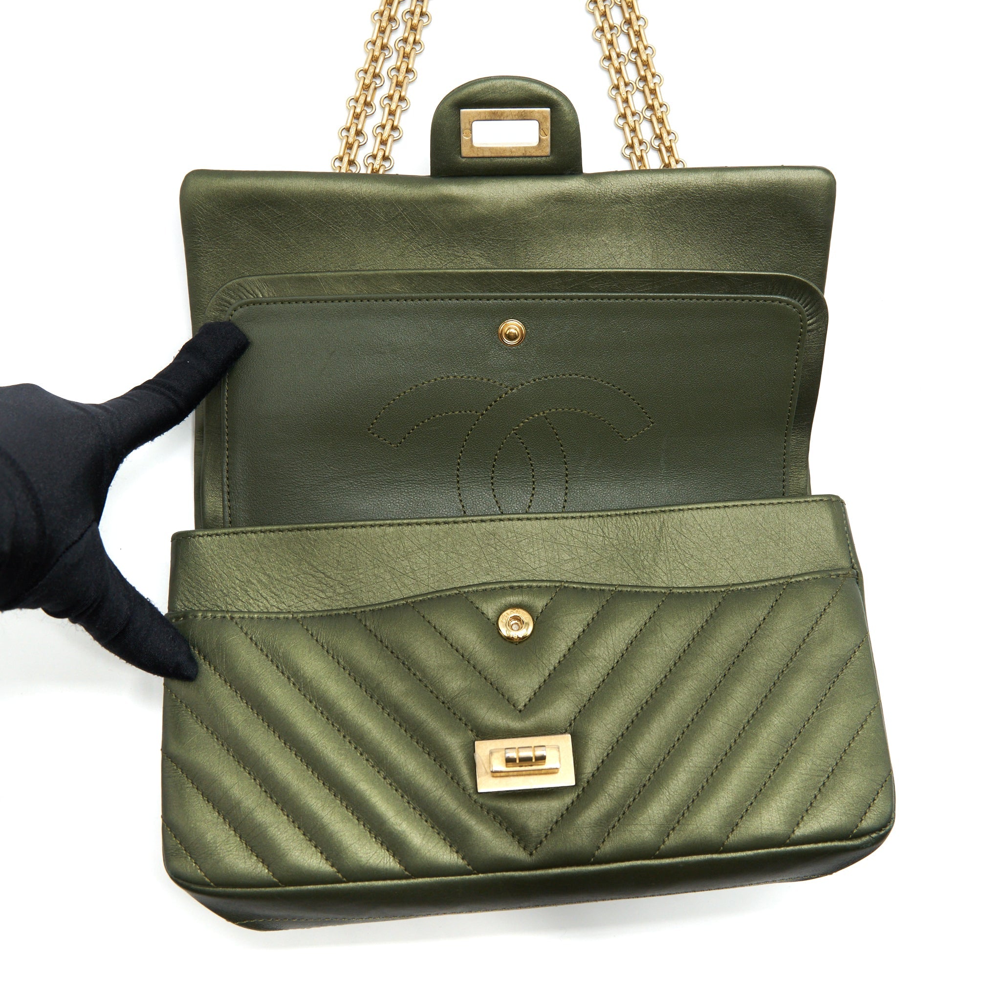 CHANEL SMALL 2.55 REISSUE FLAP BAG CALFSKIN DARK GREEN BRUSHED GOLD HARDWARE