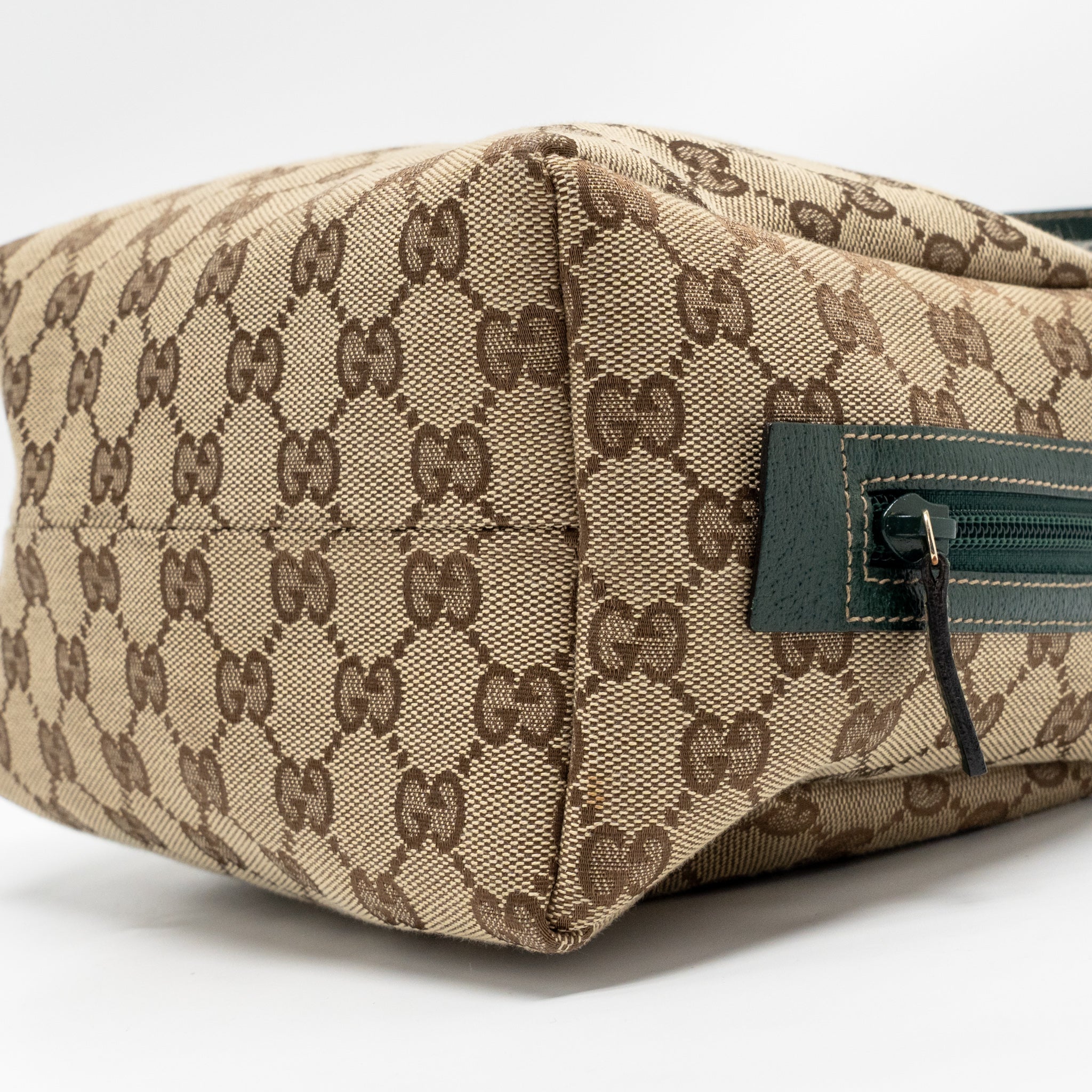 GUCCI BALTHUS TOFU HANDBAG GG CANVAS/ LEATHER BEIGE/ DARK GREEN