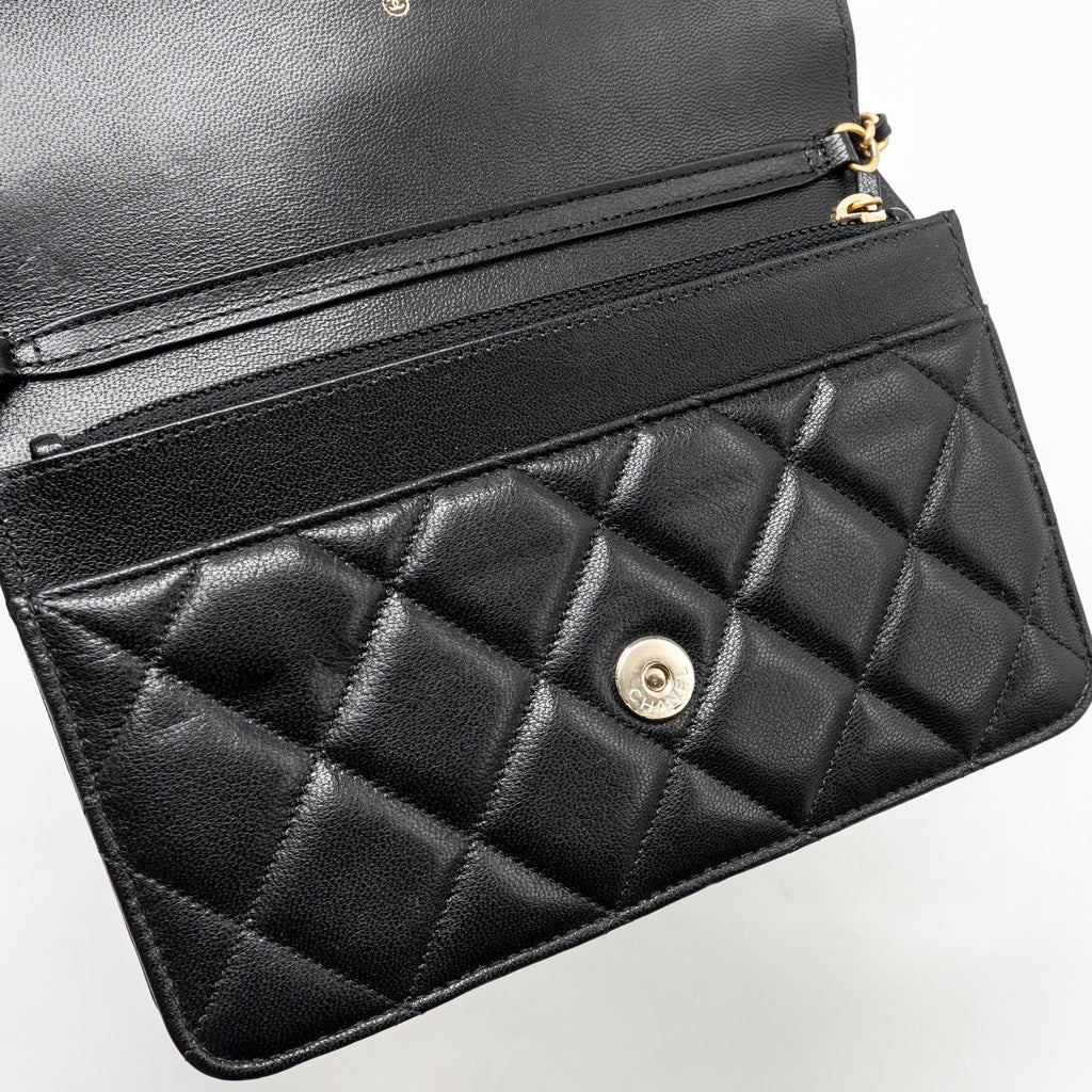 CHANEL DETAILED STRAP WALLET ON CHAIN LAMBSKIN BLACK WITH MULTICOLOUR HARDWARE (MICROCHIP)