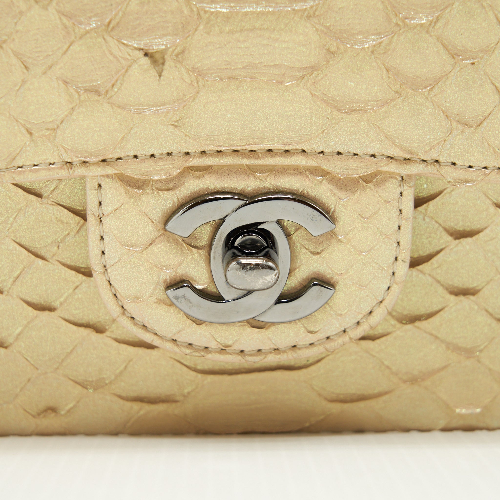 CHANEL MINI SQUARE FLAP BAG PYTHON IRIDESCENT LIGHT BEIGE SHW