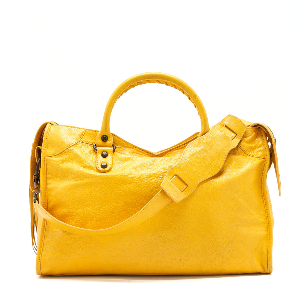 BALENCIAGA CLASSIC CITY BAG YELLOW RUTHENIUM HARDWARE