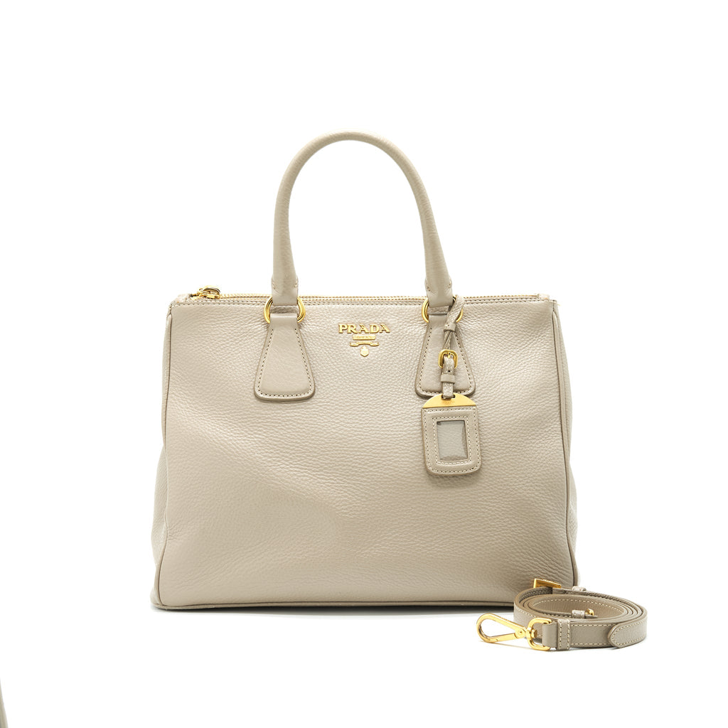 PRADA GRAINED CALFSKIN DOUBLE ZIP TOTE BAG LIGHT GREY GHW
