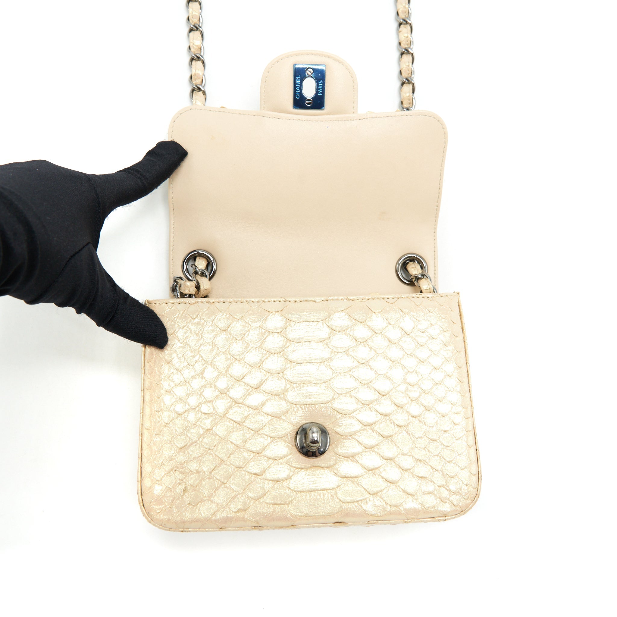 CHANEL MINI SQUARE FLAP BAG PYTHON IRIDESCENT LIGHT BEIGE SHW