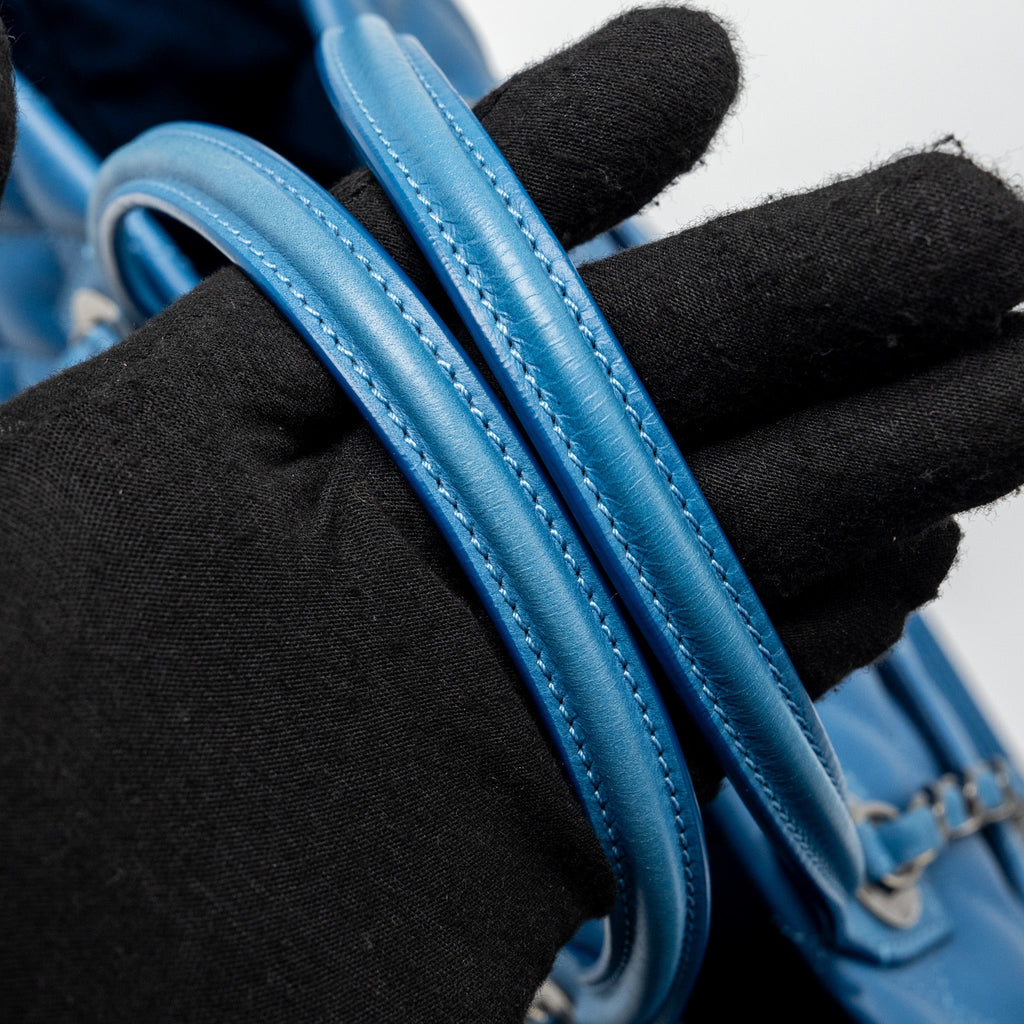CHANEL TOP HANDLE QUILTED TOTE BAG CALFSKIN BLUE RUTHENIUM HARDWARE