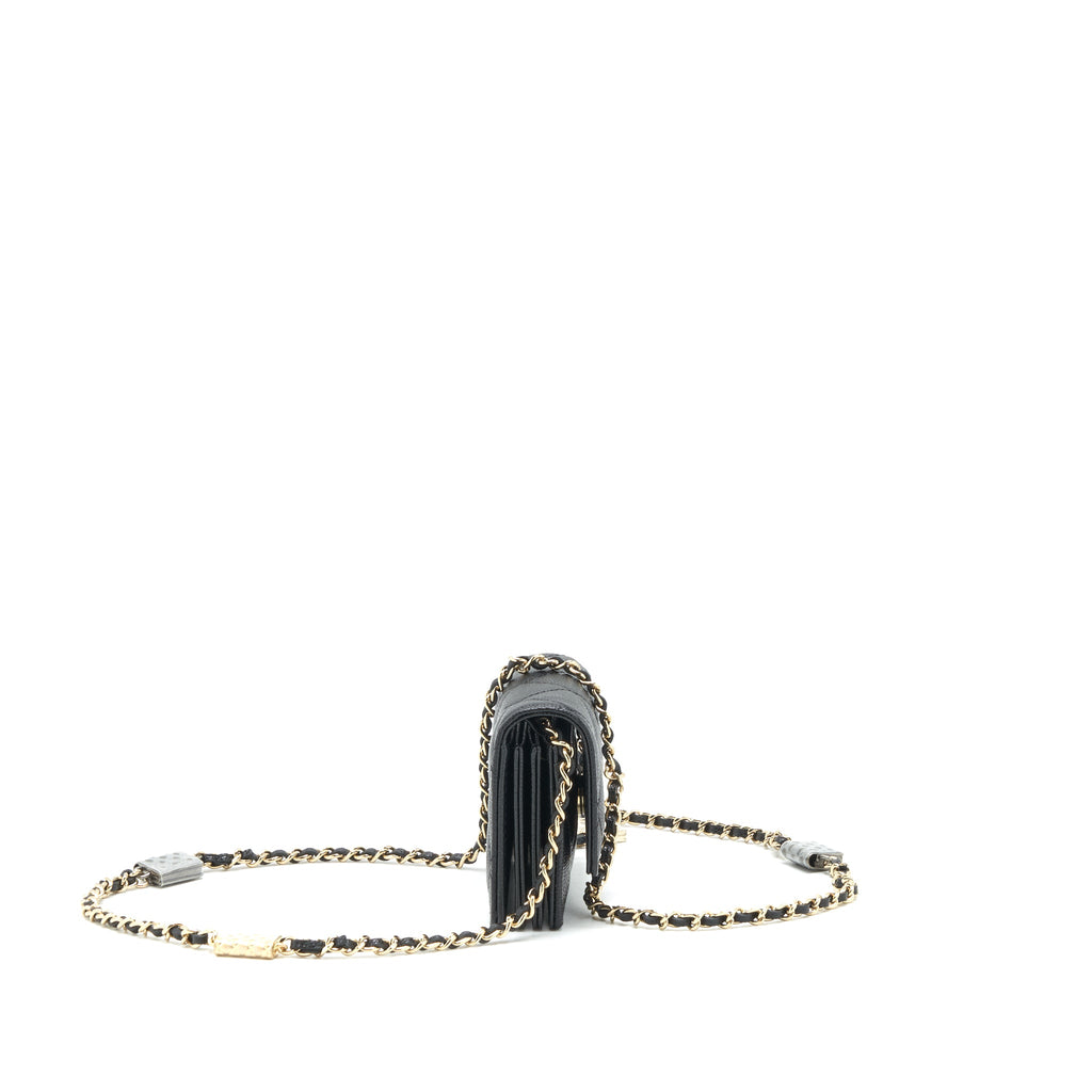 CHANEL 21K CAVIAR MINI FLAP CARDHOLDER WITH CHAIN BLACK LGHW