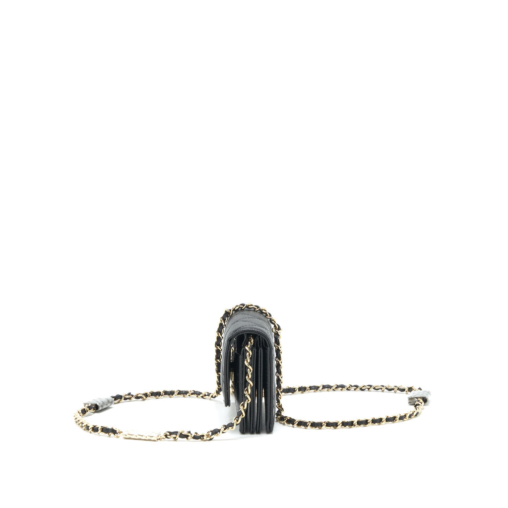 CHANEL 21K CAVIAR MINI FLAP CARDHOLDER WITH CHAIN BLACK LGHW
