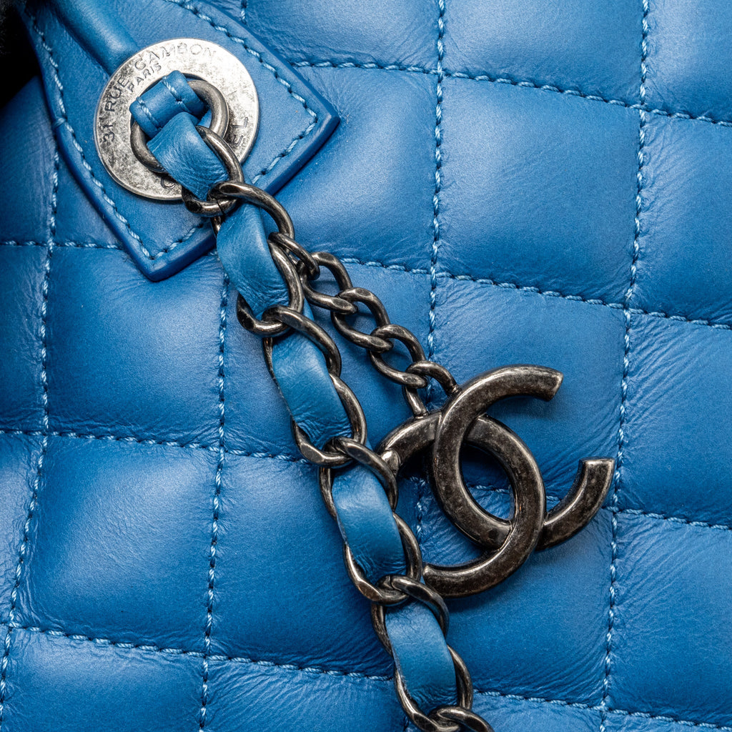 CHANEL TOP HANDLE QUILTED TOTE BAG CALFSKIN BLUE RUTHENIUM HARDWARE