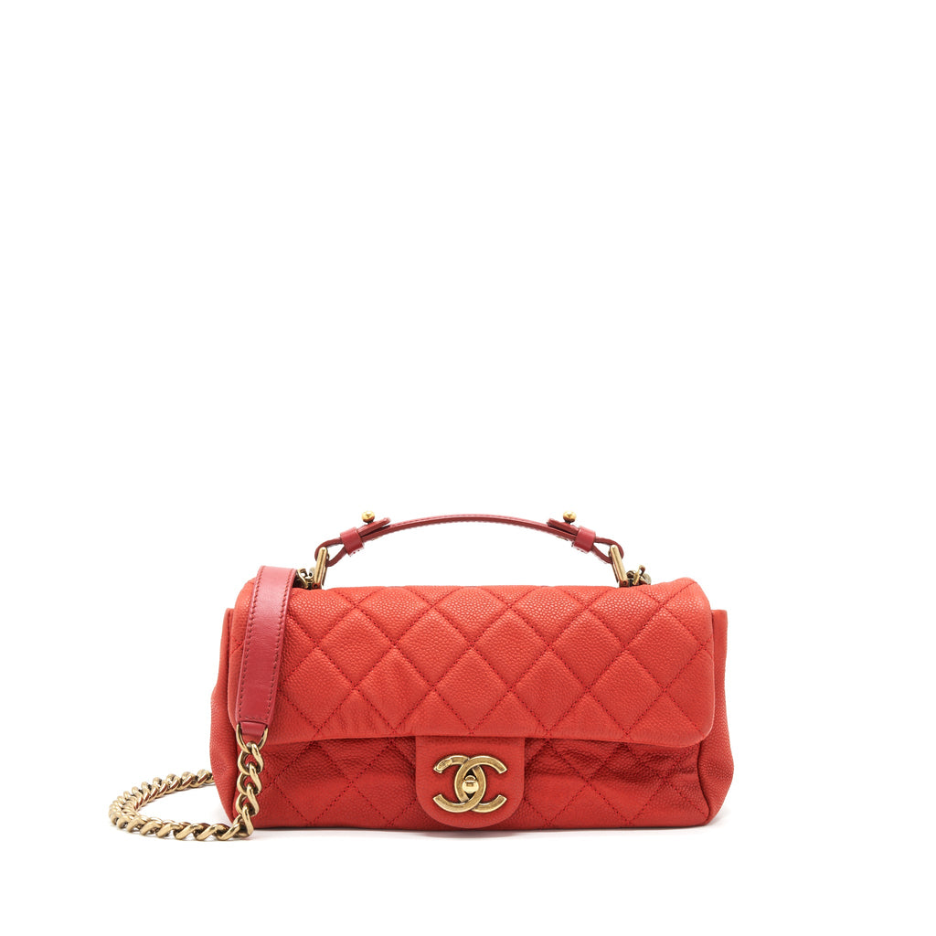 CHANEL TOP HANDLE RECTANGULAR FLAP BAG GRAINED CALFSKIN RED GHW