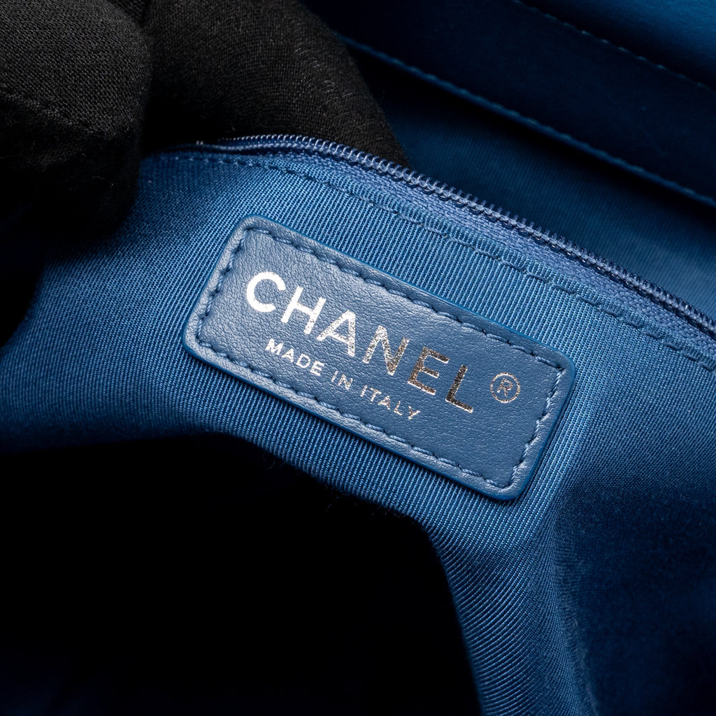 CHANEL TOP HANDLE QUILTED TOTE BAG CALFSKIN BLUE RUTHENIUM HARDWARE